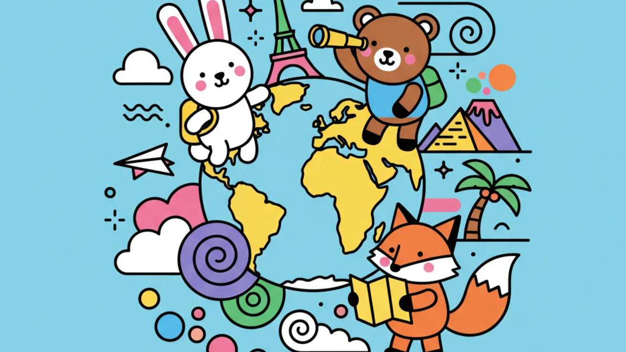 Páginas de Colorir: Personagens Fofos Explorando o Globo