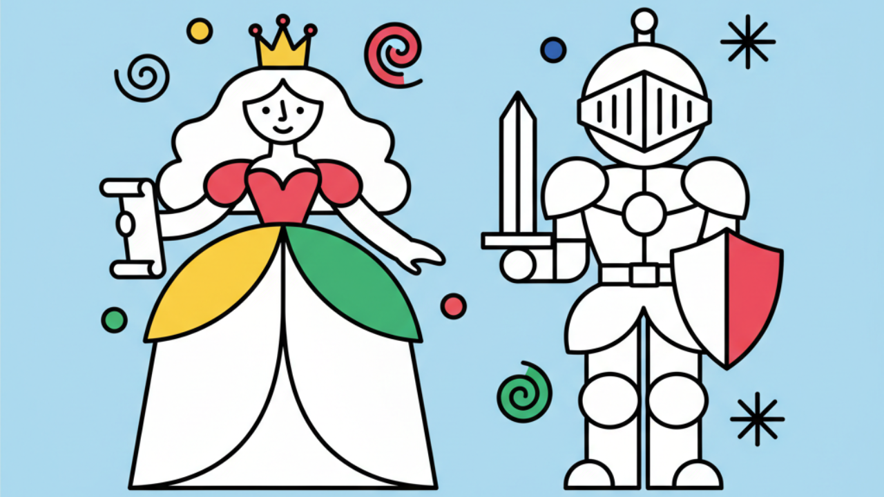 Line art de personagens de contos de fadas para pintar em casa
