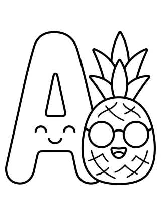 Letra A com Abacaxi Fofo para colorir Desenho de Letra A com Abacaxi Fofo para colorir e imprimir grátis