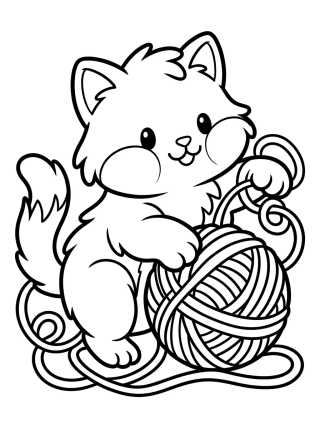 Gatinho Fofo com Novelo de Lã para colorir Desenho de Gatinho Fofo com Novelo de Lã para colorir e imprimir grátis