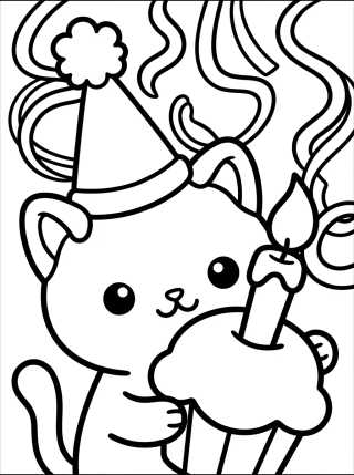 Gatinho com Chapéu de Aniversário para colorir Desenho de Gatinho com Chapéu de Aniversário para colorir e imprimir grátis