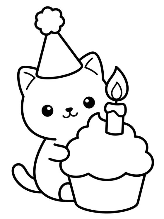 Gatinho com Cupcake de Aniversário para colorir Desenho de Gatinho com Cupcake de Aniversário para colorir e imprimir grátis