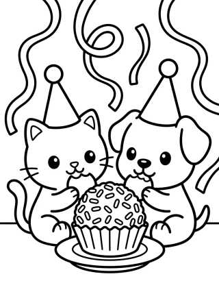 Gatinho e Cachorrinho em Festa de Aniversário para colorir Desenho de Gatinho e Cachorrinho em Festa de Aniversário para colorir e imprimir grátis