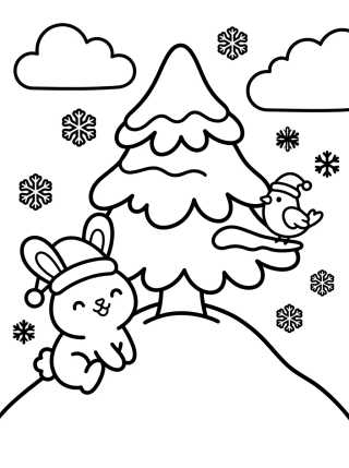 Árvore de Natal na Neve com Animais Fofos para colorir Desenho de Árvore de Natal na Neve com Animais Fofos para colorir e imprimir grátis
