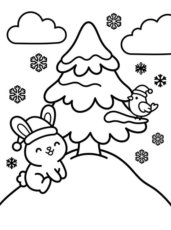 Árvore de Natal na Neve com Animais Fofos para colorir Desenho de Árvore de Natal na Neve com Animais Fofos para colorir e imprimir grátis