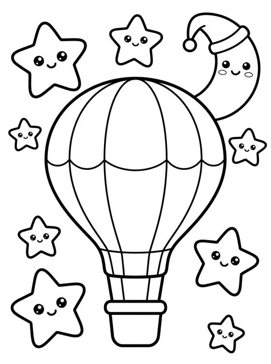 Balão Encantado Entre Estrelas e a Lua para colorir Desenho de Balão Encantado Entre Estrelas e a Lua para colorir e imprimir grátis