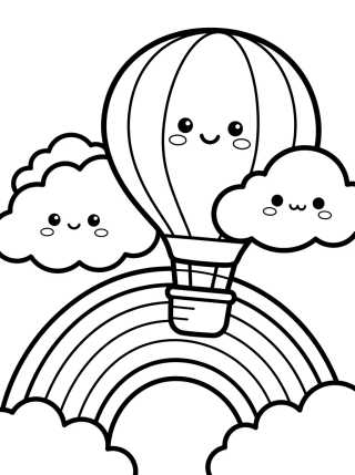 Balão Kawaii entre as Nuvens e Arco-Íris para colorir Desenho de Balão Kawaii entre as Nuvens e Arco-Íris para colorir e imprimir grátis