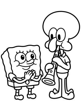 Bob Esponja e Lula Molusco Tocando Clarinete para colorir Desenho de Bob Esponja e Lula Molusco Tocando Clarinete para colorir e imprimir grátis