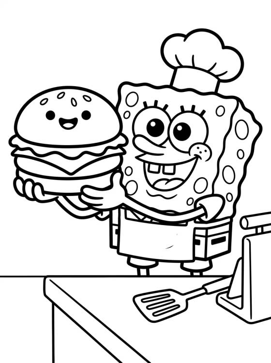 Bob Esponja Preparando Hambúrguer de Siri para colorir Desenho de Bob Esponja Preparando Hambúrguer de Siri para colorir e imprimir grátis