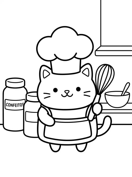 Bolo Gato Confeiteiro na Cozinha para colorir Desenho de Bolo Gato Confeiteiro na Cozinha para colorir e imprimir grátis