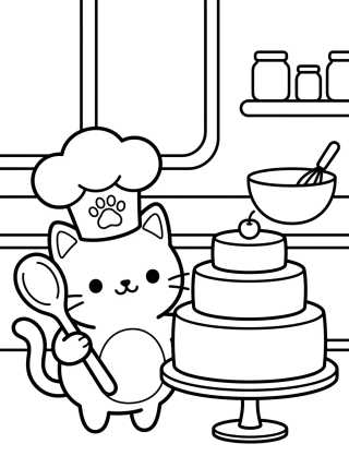 Bolo Gato Confeiteiro na Cozinha para colorir Desenho de Bolo Gato Confeiteiro na Cozinha para colorir e imprimir grátis