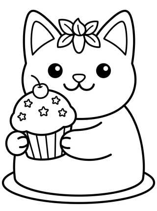 Bolo Gato Feliz com Cupcake para colorir Desenho de Bolo Gato Feliz com Cupcake para colorir e imprimir grátis