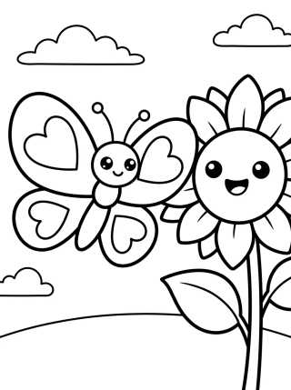 Borboleta com Asas de Coração e Girassol para colorir Desenho de Borboleta com Asas de Coração e Girassol para colorir e imprimir grátis