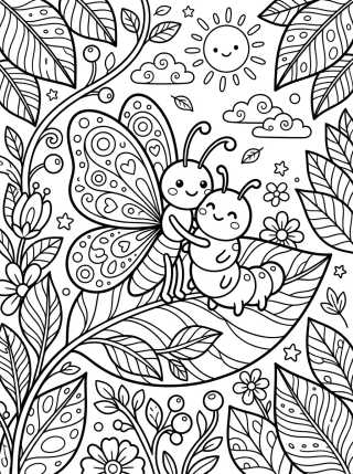 Borboleta e Lagarta Amigas para colorir Desenho de Borboleta e Lagarta Amigas para colorir e imprimir grátis