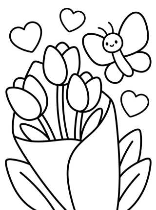 Buquê de Tulipas e Borboleta para colorir Desenho de Buquê de Tulipas e Borboleta para colorir e imprimir grátis