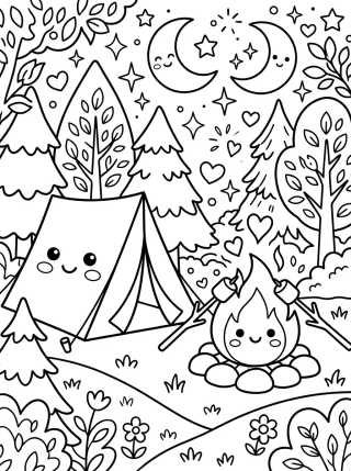 Barraca de Acampamento e Fogueira Fofa para colorir Desenho de Barraca de Acampamento e Fogueira Fofa para colorir e imprimir grátis