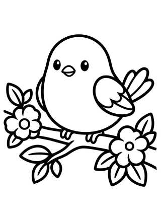 Passarinho Kawaii no Galho Florido para colorir Desenho de Passarinho Kawaii no Galho Florido para colorir e imprimir grátis