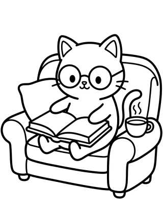 Gatinho Fofo Lendo no Sofá para colorir Desenho de Gatinho Fofo Lendo no Sofá para colorir e imprimir grátis