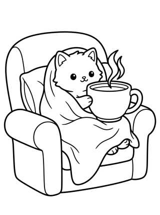 Gatinho Tomando Chá na Poltrona para colorir Desenho de Gatinho Tomando Chá na Poltrona para colorir e imprimir grátis