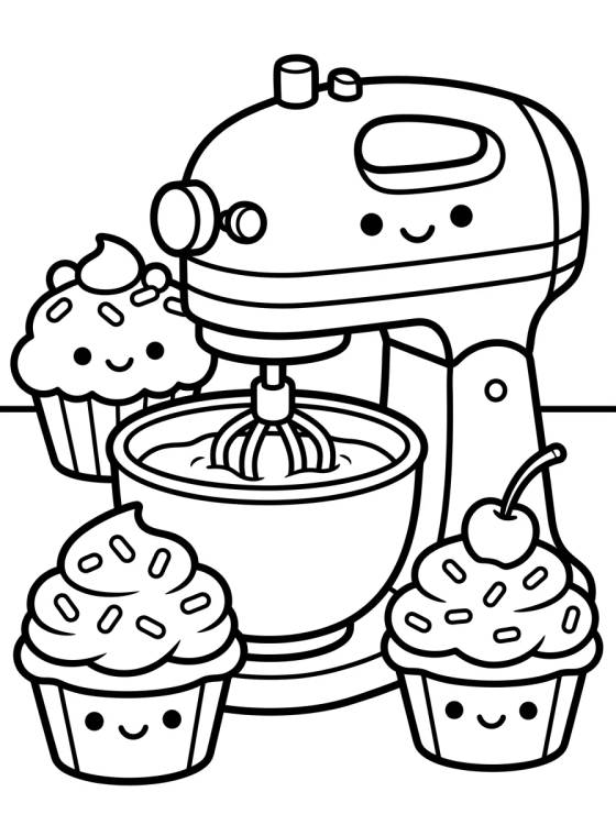 Batedeira e Cupcakes Felizes para colorir Desenho de Batedeira e Cupcakes Felizes para colorir e imprimir grátis