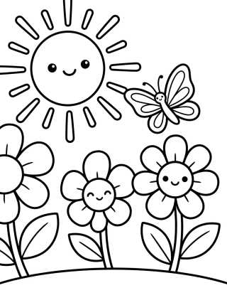 Sol e Flores da Primavera para colorir Desenho de Sol e Flores da Primavera para colorir e imprimir grátis
