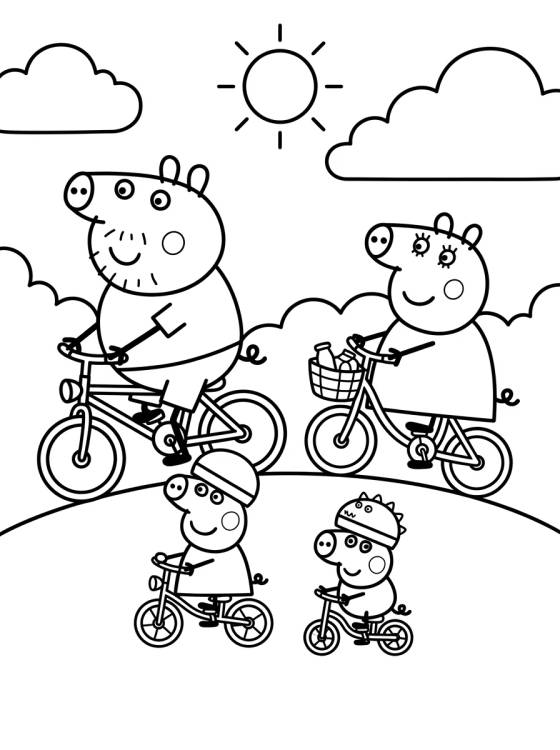 Família Pig Andando de Bicicleta para colorir Desenho de Família Pig Andando de Bicicleta para colorir e imprimir grátis