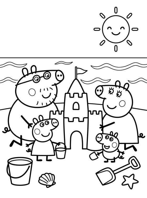 Família Pig Construindo Castelo de Areia para colorir Desenho de Família Pig Construindo Castelo de Areia para colorir e imprimir grátis