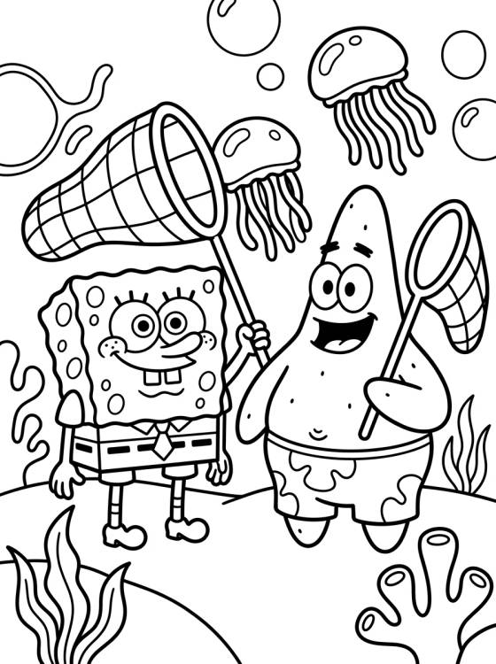 Bob Esponja e Patrick Caçando Águas-vivas para colorir Desenho de Bob Esponja e Patrick Caçando Águas-vivas para colorir e imprimir grátis
