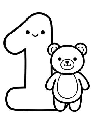 Número 1 com Ursinho Fofo para colorir Desenho de Número 1 com Ursinho Fofo para colorir e imprimir grátis