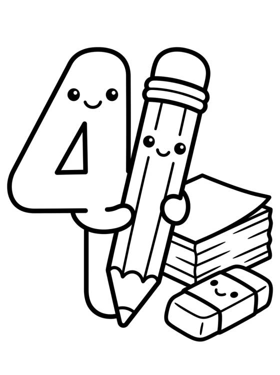 Número 4 com Lápis Kawaii para colorir Desenho de Número 4 com Lápis Kawaii para colorir e imprimir grátis