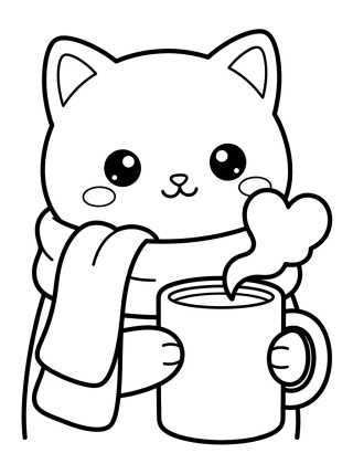 Gatinho de Cachecol e Chocolate Quente para colorir Desenho de Gatinho de Cachecol e Chocolate Quente para colorir e imprimir grátis