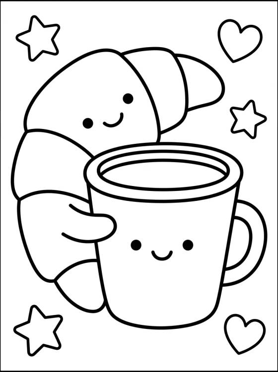 Croissant Sorridente e Café para colorir Desenho de Croissant Sorridente e Café para colorir e imprimir grátis