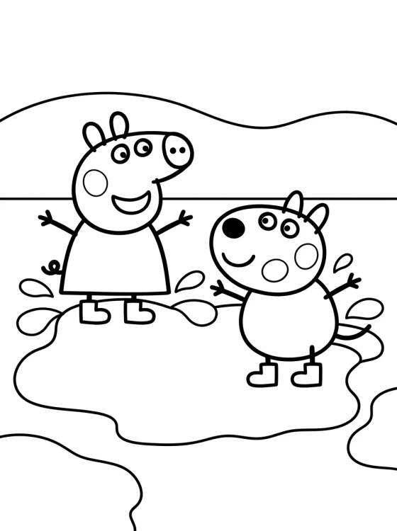 Peppa e Pedro Pônei nas Poças de Lama para colorir Desenho de Peppa e Pedro Pônei nas Poças de Lama para colorir e imprimir grátis