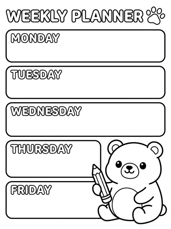 Planner Semanal do Ursinho para colorir Desenho de Planner Semanal do Ursinho para colorir e imprimir grátis