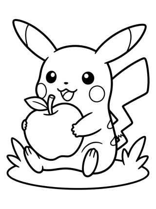 Pikachu Kawaii com Maçã para colorir Desenho de Pikachu Kawaii com Maçã para colorir e imprimir grátis