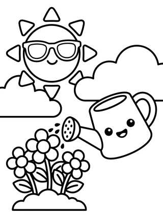Solzinho Fofo e Regador de Jardim para colorir Desenho de Solzinho Fofo e Regador de Jardim para colorir e imprimir grátis
