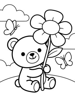 Ursinho com Flor da Primavera para colorir Desenho de Ursinho com Flor da Primavera para colorir e imprimir grátis