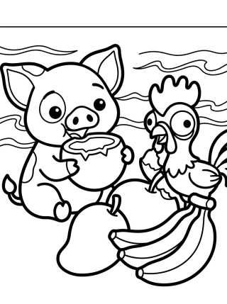 Pua e Hei Hei Comendo Frutas na Praia para colorir Desenho de Pua e Hei Hei Comendo Frutas na Praia para colorir e imprimir grátis