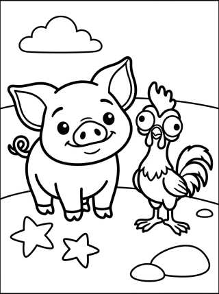 Pua e Hei Hei Juntos na Praia para colorir Desenho de Pua e Hei Hei Juntos na Praia para colorir e imprimir grátis