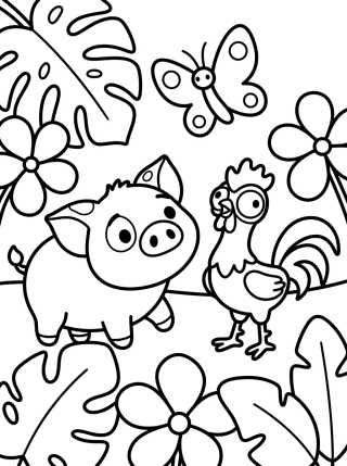 Pua e Hei Hei na Floresta Tropical para colorir Desenho de Pua e Hei Hei na Floresta Tropical para colorir e imprimir grátis