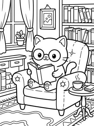 Gatinho Lendo na Poltrona para colorir Desenho de Gatinho Lendo na Poltrona para colorir e imprimir grátis