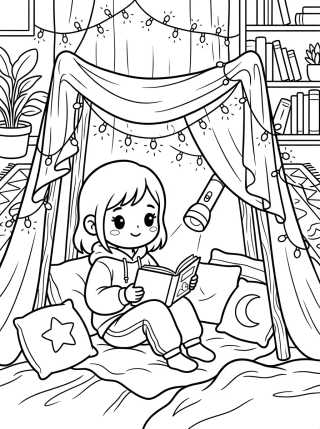 Menina Lendo na Cabaninha de Lençol para colorir Desenho de Menina Lendo na Cabaninha de Lençol para colorir e imprimir grátis