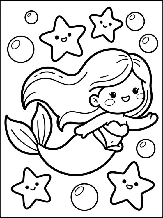 Sereiata Nadando com Estrelas do Mar para colorir Desenho de Sereiata Nadando com Estrelas do Mar para colorir e imprimir grátis