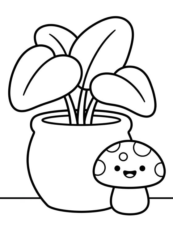 Vaso com Cogumelo e Folhas Fofas para colorir Desenho de Vaso com Cogumelo e Folhas Fofas para colorir e imprimir grátis